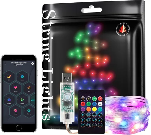 Vista 9 de WS2812B - Guirnalda de luces inteligentes de 33 pies, USB, Bluetooth, con temporizador y control remoto, sincronización de música, modos divertidos
