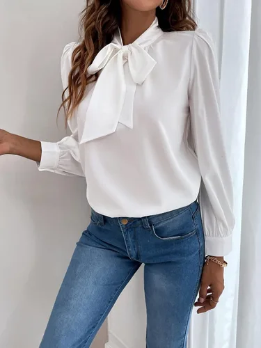 Vista 4 de Verdusa Blusa de gasa de manga larga con cuello de lazo elegante para mujer