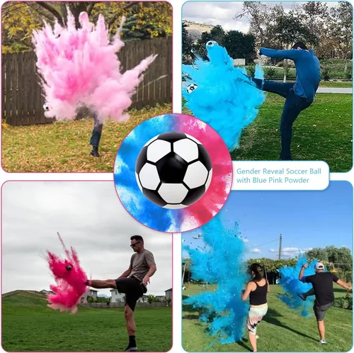 Vista 5 de FIEKEICC Kit de polvo de pelota de fútbol para revelación de género, 1 azul y 1 rosa, ideas locas para revelar el género, kit de pelotas de fútbol