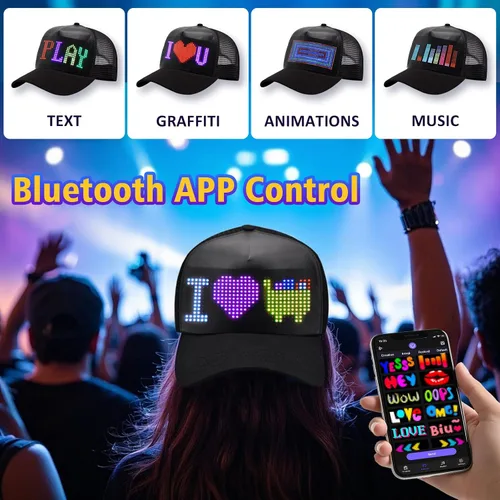 Vista 2 de Sombreros LED, pantalla LED, gorras de béisbol con control de aplicación Bluetooth, compatible con texto, patrones, animaciones para fiestas, bares