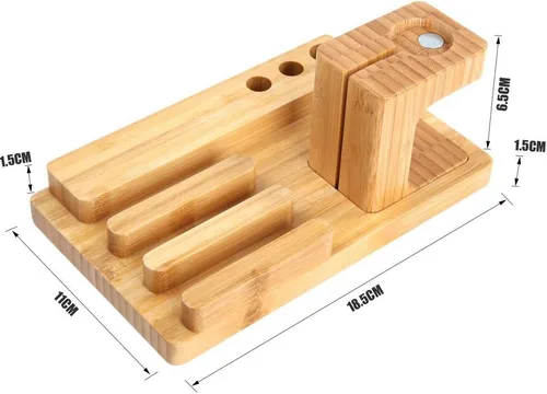 Vista 6 de Estación de carga de escritorio multidispositivo de madera de bambú Soporte de carga para iPhone 16 15 14 13 12 11 Pro Max iWatch 2 3 4 5 compatible