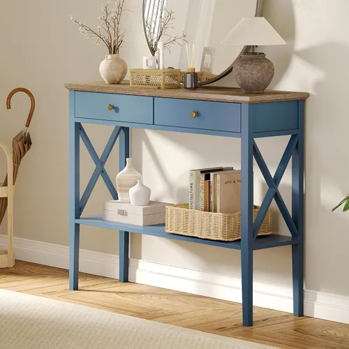 Vista 9 de ChooChoo - Mesa de entrada de granja de 39 pulgadas con cajones y estante de almacenamiento 11.8"D x 39.4"W x 31.5"H, Console Table, Sofa Table