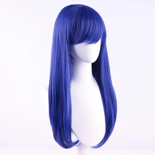 Vista 4 de Peluca larga azul recta para mujer, fiesta de Halloween, espectáculo de anime, pelucas sintéticas para disfraz de cosplay B-AZUL