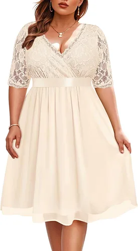 Vista 17 de Plus Size Wedding Guest Cocktail Midi Dress Lace Chiffon V Neck Wrap Negro
