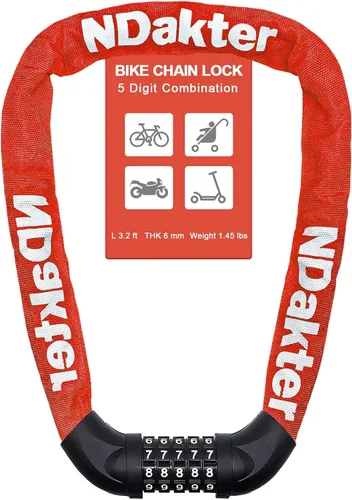 Vista 26 de NDakter Cerradura de cadena para bicicleta, combinación de 5 dígitos, resistente, antirrobo, cerradura de bicicleta de seguridad