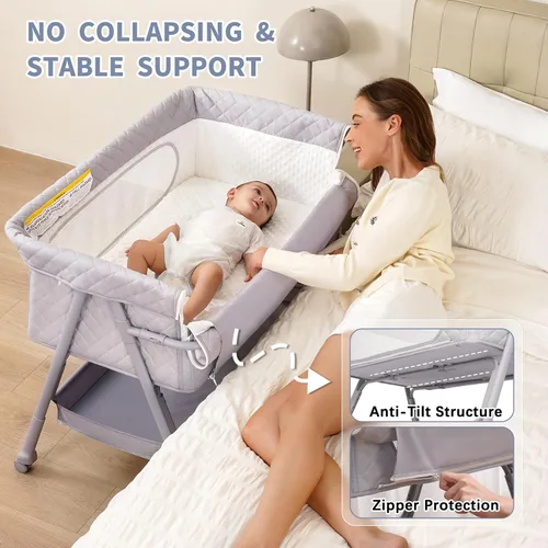 Vista 3 de Bassinet Bedside Sleeper, Adjustable Height Baby Bassinet with Wheels, Easy Assemble & Folding Crib with Comfy Mattress, Breathable Mesh Bedside Gris