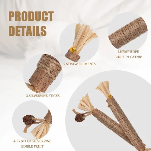 Vista 4 de KINBOM 4 piezas de juguetes masticables para gatos naturales Silvervine Dental Chew Sticks limpieza dientes masticar hierba gatera juguetes