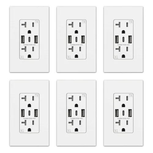 Vista 23 de ELEGRP Tomacorrientes de pared USB, Receptáculos de tomacorrientes de pared USB C de 3 puertos, tomacorrientes negro mate de 15 amperios con 3