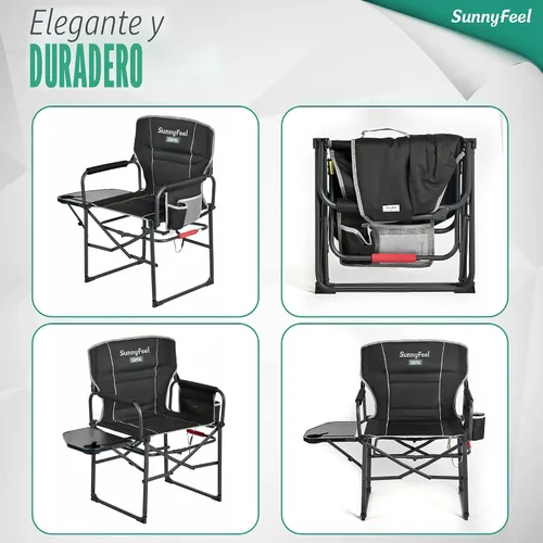 Vista 7 de SUNNYFEEL Silla de Camping con Calefacción para Directores, Silla Plegable Portátil de Gran Tamaño para Exteriores con Mesa Lateral, Bolsillo