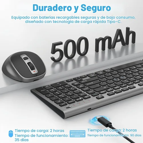 Vista 3 de FENIFOX Teclado inalámbrico recargable y ratón, con teclado numérico gris Negro Gris