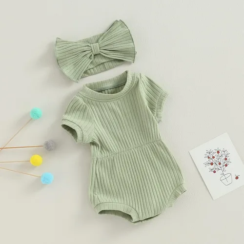 Vista 32 de Traje de verano para niña pequeña, de manga corta, acanalado, overol liso, pantalones cortos, ropa para recién nacidos