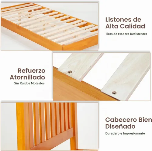 Vista 4 de PayLessHere Marco de cama de plataforma de madera, tamaño individual, marco de cama de madera maciza con cabecero, soporte de listones de madera,