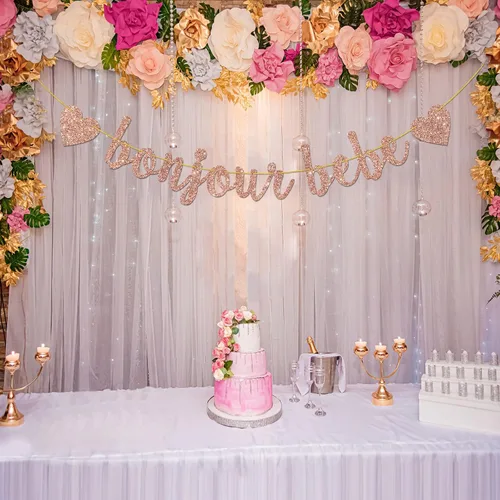 Vista 5 de Cartel Bonjour Bebe con purpurina de oro rosa, decoración de fiesta de primer cumpleaños, cartel de bienvenida Oh Baby Shower Banderines