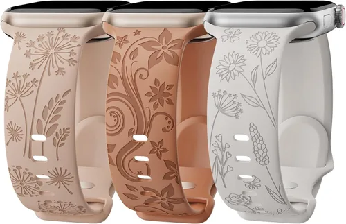 Vista 7 de Paquete de 3 correas con grabado floral compatibles con Apple Watch Band para mujeres de 1.496 pulgadas, 1.575 pulgadas, 1.614 pulgadas, 1.654