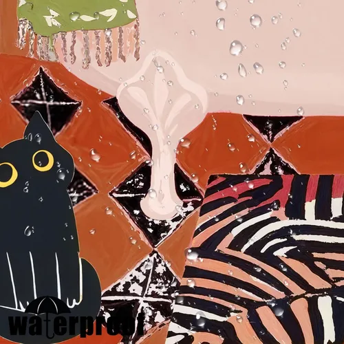 Vista 6 de Divertida cortina de ducha con diseño de gatos negros, estilo bohemio, bonita, divertida, para baño, gatito, verde, hojas tropicales, beige, marrón