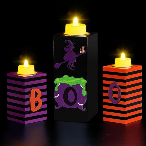 Vista 10 de BlcTec Decoraciones de Halloween, 3 PIEZAS Portavelas de Madera de Halloween con Luces de Té LED y Tallado 3D, Centros de Mesa de Velas de Madera