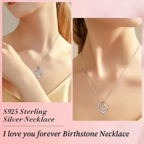 Vista 5 de MOOSEA Mom Necklace for Women, Moissanite Diamond Side Stone Rose Heart Birthstone Necklace 18K White Gold Vermeil Interlocking Heart Necklace for