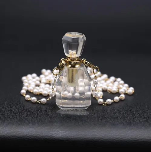Vista 4 de Collar con colgante de botella de perfume de piedra natural, collar de cadena de cuarzo transparente blanco para mujer, joyería de boda