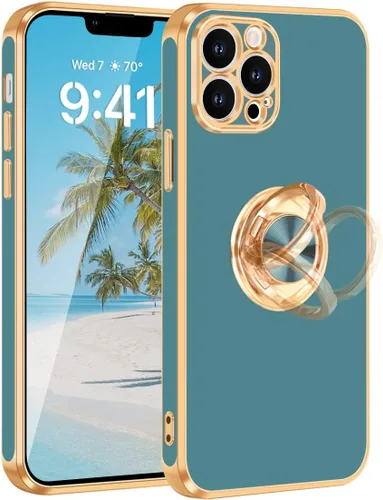 Vista 11 de Fingic - Funda para iPhone 13 Pro Max con soporte giratorio de 360° Shiny Gold Edge Slim Soft TPU Shockproof Protective Phone Case for Women Men