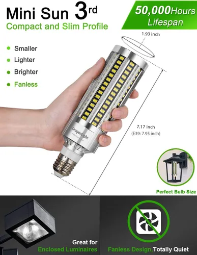 Vista 3 de DragonLight Bombilla LED de maíz de 60 W sin ventilador (haluro de metal de 200 vatios/reemplazo HID/HPS) E26/E39 Lámpara LED de base Mogul grande