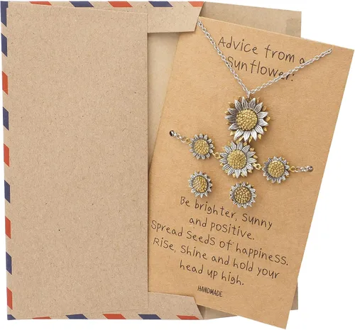 Vista 2 de quan jewelry Collar de girasol, cadenas para máscara facial, cordón y broche con tarjeta de felicitación inspiradora (juego de joyas), peltre, Sin