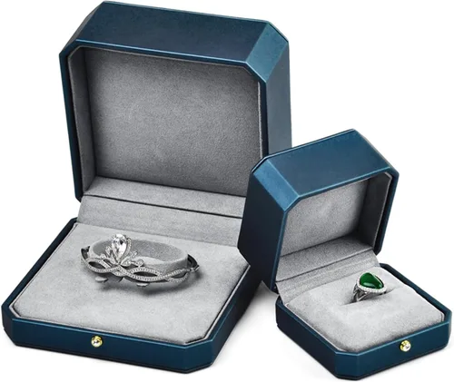 Vista 3 de Caja de regalo de anillo de joyería de presentación Caja de anillo de cuero PU azul premium para compromiso de propuesta