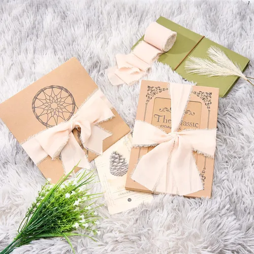Vista 4 de Pretty Jolly Cinta de gasa beige para envolver regalos, 3 rollos de 2 pulgadas x 7 yardas, cinta de tela de seda hecha a mano con flecos para ramo