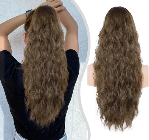 Vista 12 de Extension de cola de caballo con cordón de 26 pulgadas para mujer, extensiones de cola de caballo largas y onduladas, extensiones de cabello