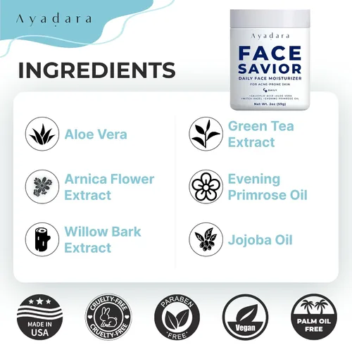 Vista 5 de Ayadara Hidratante facial para el acné, 2 onzas líquidas, hidratante facial avanzado con control de aceite para piel grasa, crema hidratante