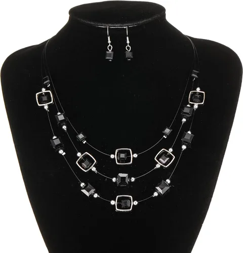 Vista 4 de Collar de cuentas de plata en capas para mujer, cuentas de cristal cuadradas, collar y aretes, disfraces de moda, conjuntos de joyas para mujer