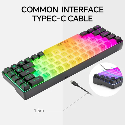 Vista 5 de CHONCHOW Teclado mini RGB 60% para juegos, 68 teclas, pequeño y compacto USB, con cable, arco iris, retroiluminado, teclado para juegos para Xbox