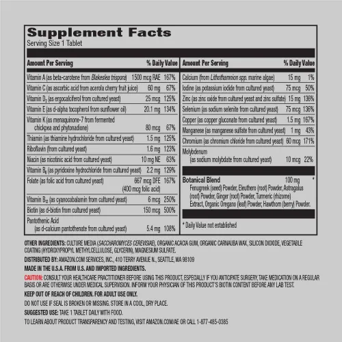 Vista 6 de Amazon Elements Multivitamínico diario para mujeres 40+ One Daily y Multivitamínico diario para hombres (65 tabletas)