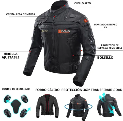 Vista 5 de BORLENI Chaqueta para motociclista, resistente al viento, equipo de protección de todo el cuerpo para motociclista Negro