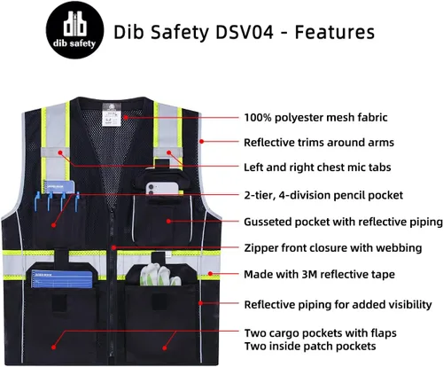 Vista 4 de Dib Safety Chaleco reflectante de malla negra, chaleco de alta visibilidad con bolsillos y cremallera, resistente, fabricado con cinta reflectante