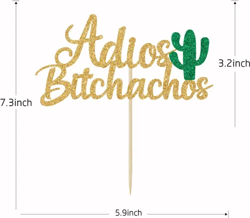 Vista 3 de Decoración para pastel de Adios Bitchachos con purpurina dorada, fiesta, despedida, reubicación, ruptura, graduación, jubilación, decoración