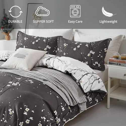 Vista 4 de WONGS BEDDING - Juego de funda de edredón floral, tamaño queen, gris oscuro, 3 piezas, ropa de cama con estampado de flores de ciruelo, con 2 fundas