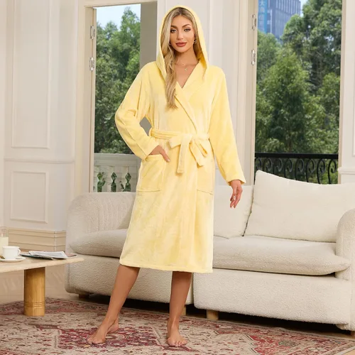 Vista 48 de HEARTNICE Bata de forro polar con capucha para mujer, bata de baño suave para mujer, bonito abrigo largo para casa