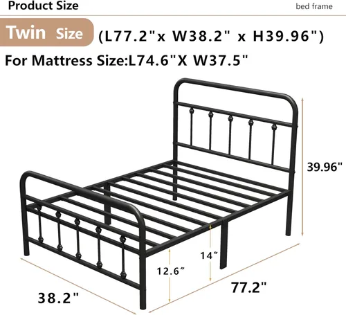 Vista 2 de Base de cama Vengarus de metal, base de cama de tamaño individual con cabecero, estructuralmente estable, listones de acero resistentes