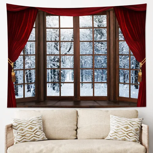 Vista 21 de HVEST Tapiz de bosque de invierno para colgar en la pared, montaña, nieve y pino, exterior, ventana de Navidad, arte de pared, tapiz de invierno