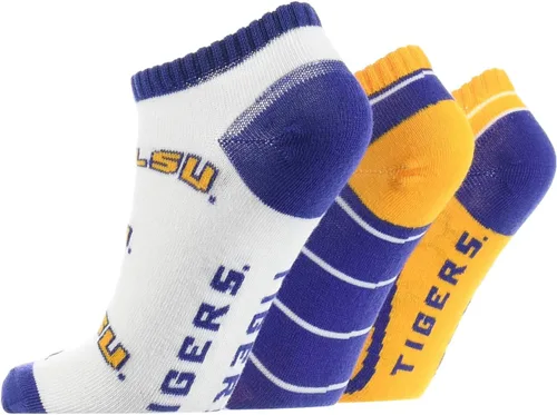Vista 2 de TCK NCAA No Show Socks for Men and Women, Full Field 3 Pack, Low Cut Ankle Socks College Graduation Gift Lsu Púrpura/Oro/Blanco