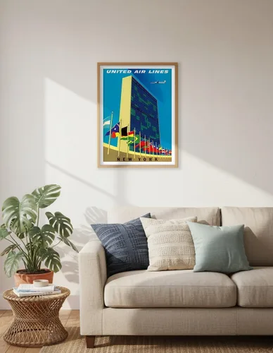 Vista 6 de United Nations Building New York - United Air Lines - Vintage Airline Travel Poster by Joseph Binder c.1957 - Master Art Print (Unframed) 6in x 9in