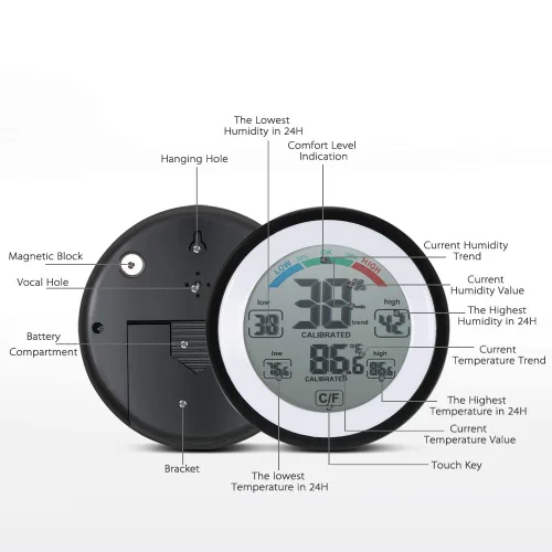 Vista 5 de Higrómetro de termómetro para interiores y exteriores,Medidor electrónico inalámbrico de humedad de temperatura,Pantalla táctil redonda Termómetro