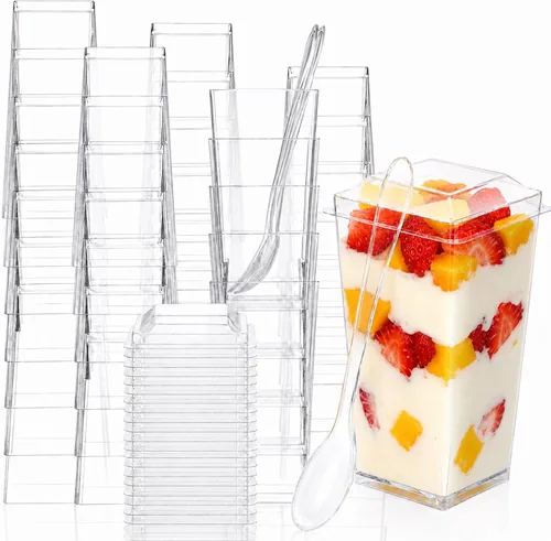 Vista 9 de EASERCY Paquete de 100 mini tazas de postre de 3 onzas con tapas y cucharas, tazas transparentes para postres con cucharas, tazas de parfait