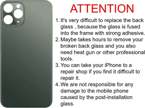 Vista 4 de 11 Pro Max - Carcasa trasera de repuesto para iPhone 11pro Max (6.5 pulgadas) con cinta preinstalada y herramientas de reparación (verde medianoche)