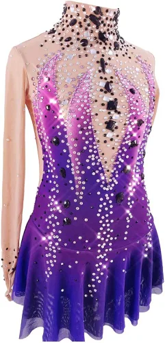 Vista 3 de Patinaje Artístico Vestido Niñas Púrpura Spandex Competición Falda Calidad Cristales Patinaje Disfraces