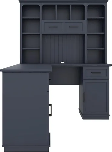 Vista 7 de RUNNA Escritorio para computadora en forma de L para el hogar y la oficina con almacenamiento (azul antiguo # 048)