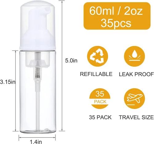 Vista 2 de Paquete de 35 botellas de bomba de espuma de 2 onzas, botellas de viaje transparentes recargables de 0.1 fl oz para jabón de manos, champú