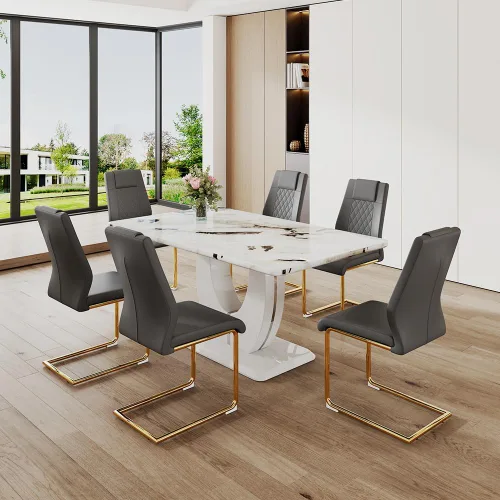 Vista 12 de JUFU Mesa de comedor de mármol sintético blanco para 6, con 6 sillas de comedor tapizadas de cuero PU