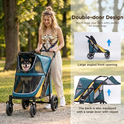 Vista 4 de Cochecito para perros medianos y grandes, plegable con un solo clic, cochecito para mascotas extra grande para 2 perros con bolsillo