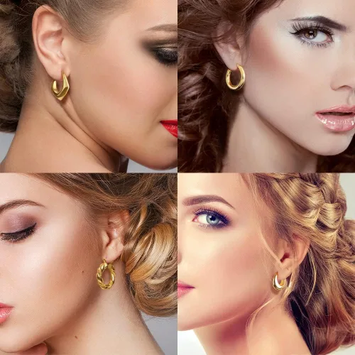 Vista 5 de 8-10 Pairs Delicate Gold Silver Hoop Earrings Set for Women, 14K Gold Plated Lightweight Hypoallergenic Thick Open Twisted Huggie Earrings for girls